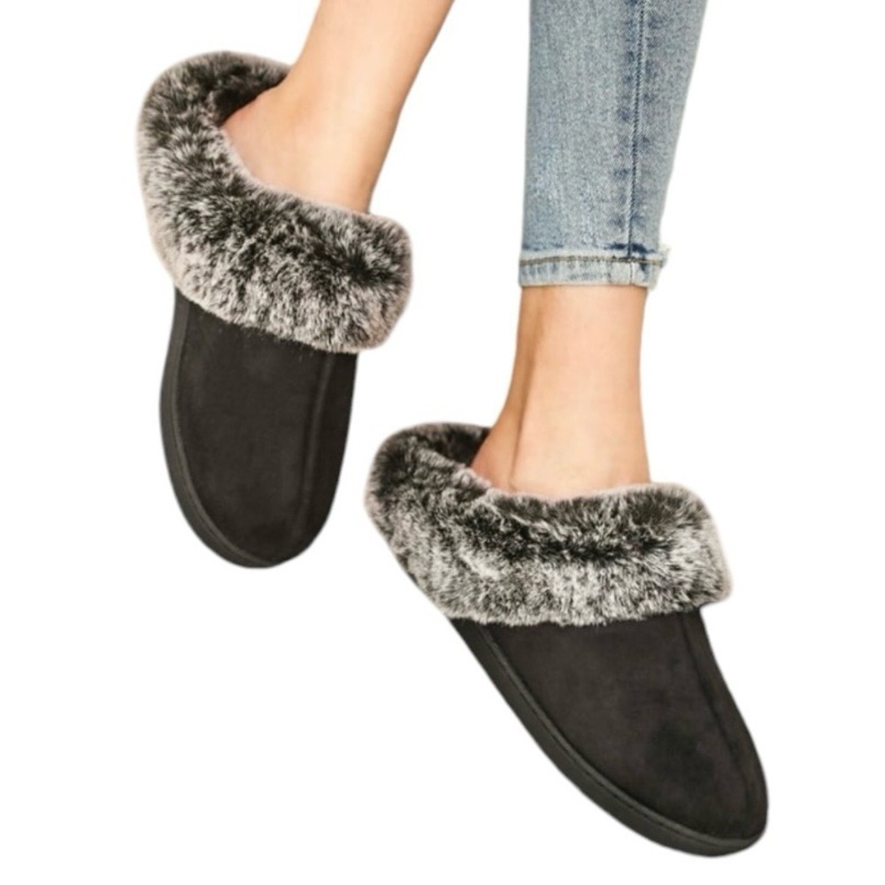Home Top Microsuede Memory Foam Runner‎ Sole Black Grey Slide-On Slippers